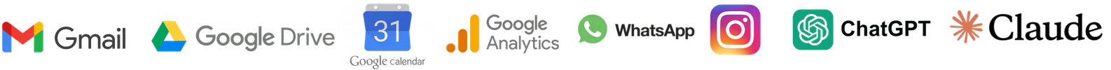 Gmail, Google Drive, Google Calendar, Google Analytics, WhatsApp, Instagram, ChatGPT e Claude